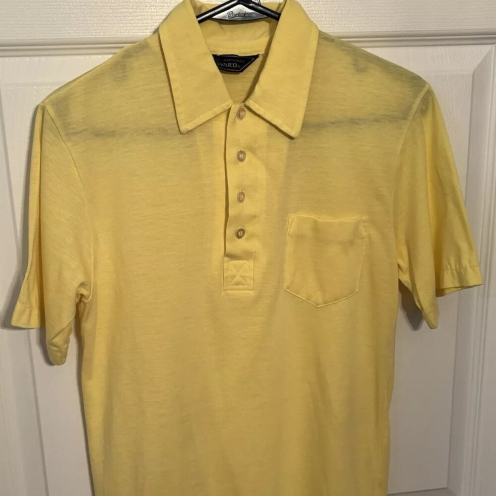VTG Montgomery Ward Yellow Cotton Blend Polo Shirt Short Sleeve - Mens Small
